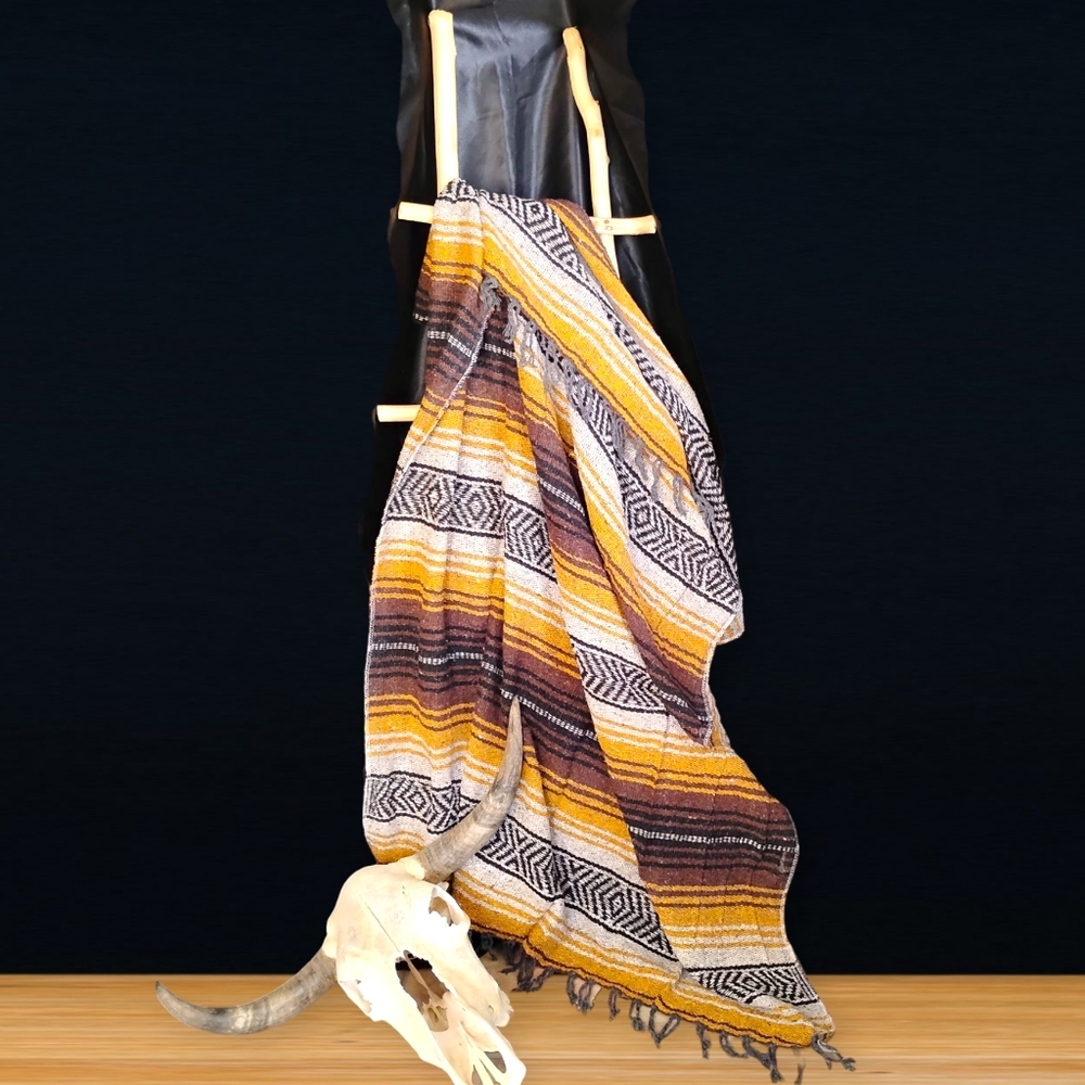 FRANKS Multicolored Dark Yellow and Brown Classic Fringed Mexican Falsa Blanket